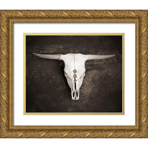 Sepia Cattle Skull Gold Ornate Wood Framed Art Print with Double Matting by Ryan, Brooke T.