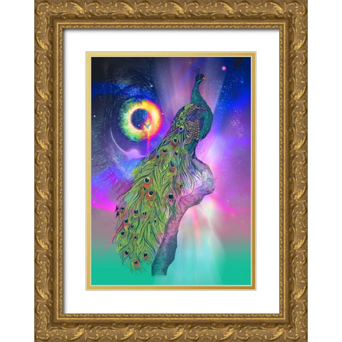 Cosmic Peacock Gold Ornate Wood Framed Art Print with Double Matting by Roberts, Karin