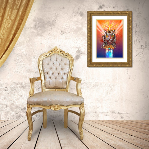 Cosmic Tiger Gold Ornate Wood Framed Art Print with Double Matting by Roberts, Karin