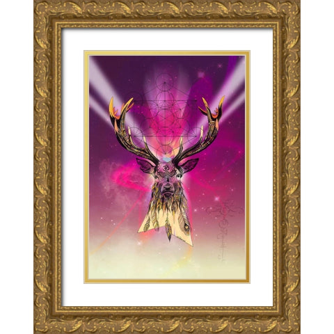 Cosmic Stag Gold Ornate Wood Framed Art Print with Double Matting by Roberts, Karin