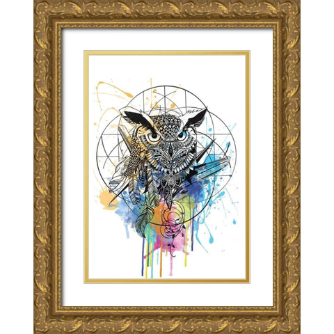 Owl Gold Ornate Wood Framed Art Print with Double Matting by Roberts, Karin