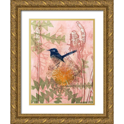 Little Blue Wren Gold Ornate Wood Framed Art Print with Double Matting by Rice, Trudy