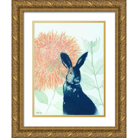 Pink Waratah and Blue Rabbit Gold Ornate Wood Framed Art Print with Double Matting by Rice, Trudy