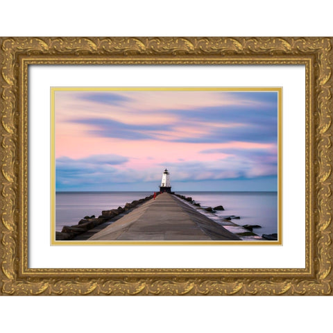Ludington North Breakwater Light Sunrise Gold Ornate Wood Framed Art Print with Double Matting by Romanowicz, Adam