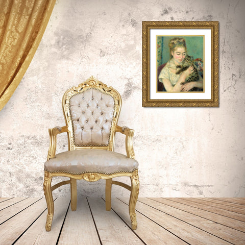 Woman with Cat (Femme au chat)-1875 Gold Ornate Wood Framed Art Print with Double Matting by Renoir, Pierre-Auguste