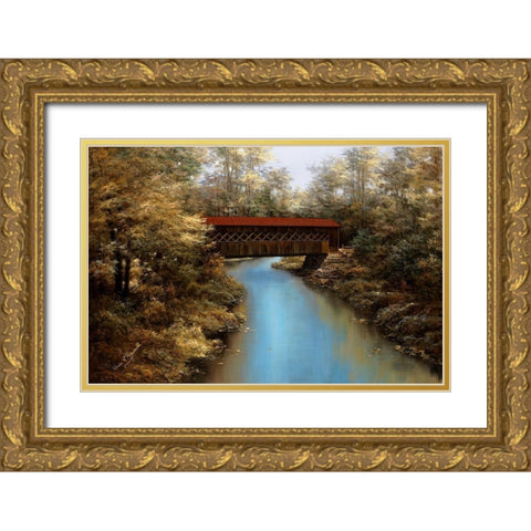 Covered Bridge Gold Ornate Wood Framed Art Print with Double Matting by Romanello, Diane