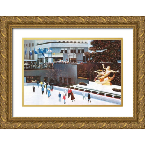Rockefeller Center Gold Ornate Wood Framed Art Print with Double Matting by Romanello, Diane