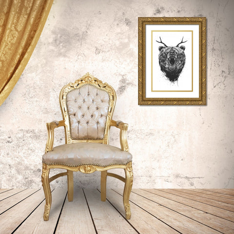 Angry Bear With Antlers Gold Ornate Wood Framed Art Print with Double Matting by Solti, Balazs