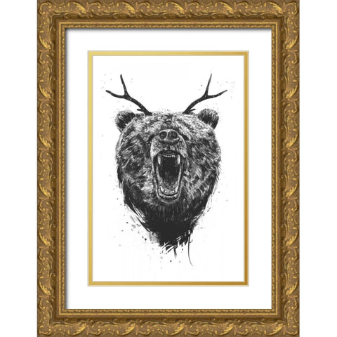 Angry Bear With Antlers Gold Ornate Wood Framed Art Print with Double Matting by Solti, Balazs