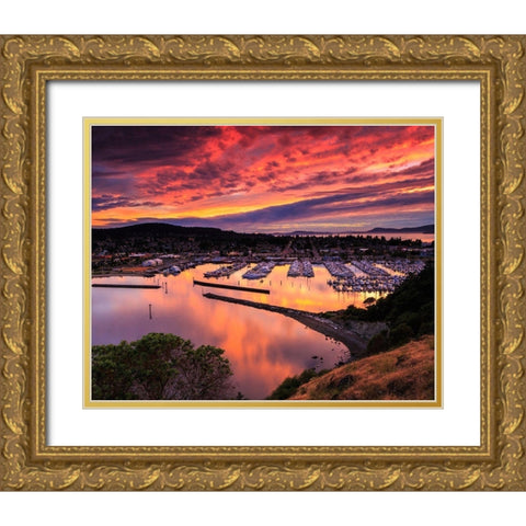 Red Sunset Over Harbor Gold Ornate Wood Framed Art Print with Double Matting by Severn, Shawn/Corinne