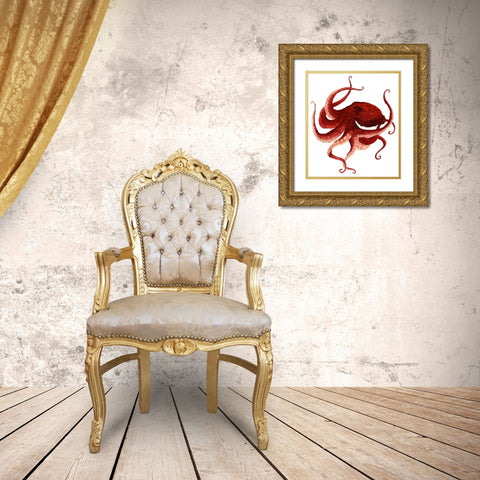 Giant Pacific Octopus - Red Gold Ornate Wood Framed Art Print with Double Matting by Saylor, Jeannine