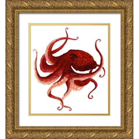 Giant Pacific Octopus - Red Gold Ornate Wood Framed Art Print with Double Matting by Saylor, Jeannine