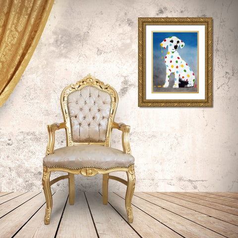 Damiens Dotty Spotty Dawg - Blue Gold Ornate Wood Framed Art Print with Double Matting by Sly, Juan