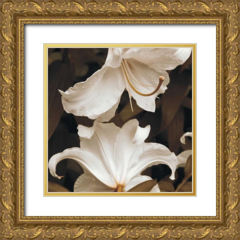 White Lilies Gold Ornate Wood Framed Art Print with Double Matting by Swanson, Rebecca