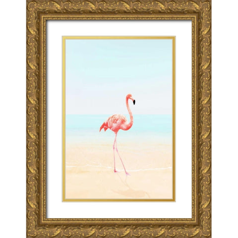 Flamingo on the Beach II Gold Ornate Wood Framed Art Print with Double Matting by Tai Prints