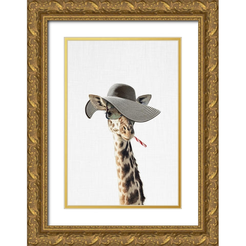 Giraffe Dressed in a Hat Gold Ornate Wood Framed Art Print with Double Matting by Tai Prints