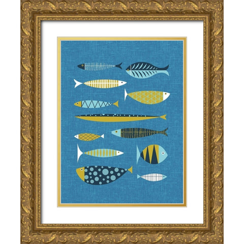 Scandia Fish Blue Gold Ornate Wood Framed Art Print with Double Matting by Theodore, James
