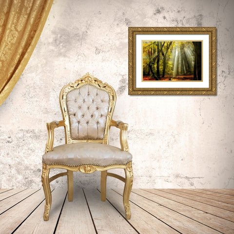 Yellow Leaves Rays Gold Ornate Wood Framed Art Print with Double Matting by Van de Goor, Lars