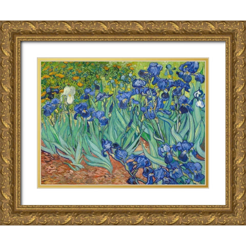 Irises 1889 Gold Ornate Wood Framed Art Print with Double Matting by Van Gogh, Vincent