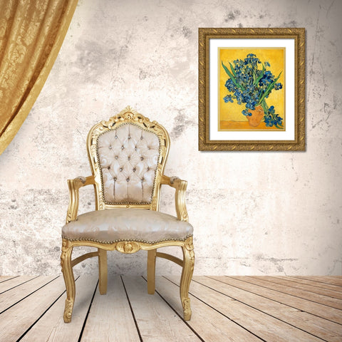 Irises 1890 Gold Ornate Wood Framed Art Print with Double Matting by Van Gogh, Vincent