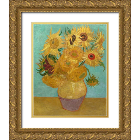 Sunflowers 1889 Gold Ornate Wood Framed Art Print with Double Matting by Van Gogh, Vincent