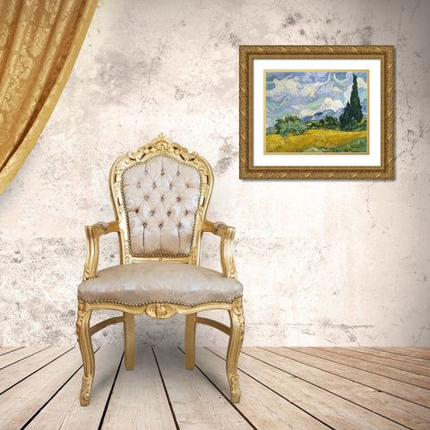Wheat Field with Cypresses Gold Ornate Wood Framed Art Print with Double Matting by Van Gogh, Vincent