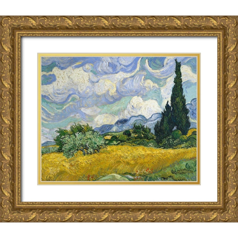 Wheat Field with Cypresses Gold Ornate Wood Framed Art Print with Double Matting by Van Gogh, Vincent
