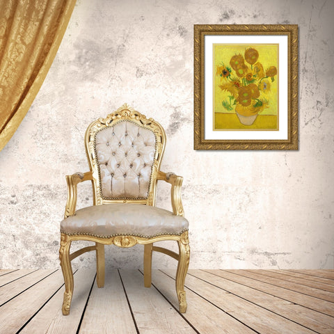 Sunflowers Gold Ornate Wood Framed Art Print with Double Matting by Van Gogh, Vincent