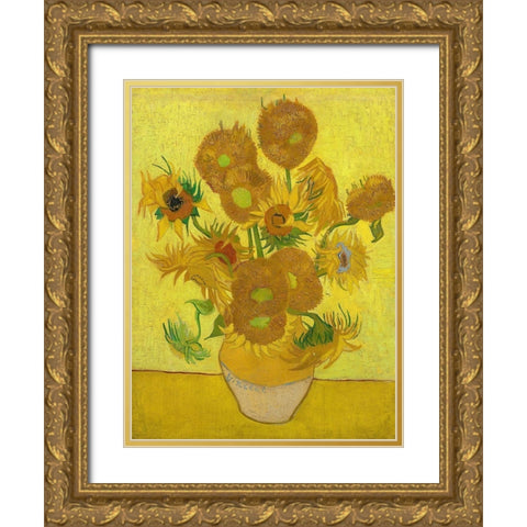 Sunflowers Gold Ornate Wood Framed Art Print with Double Matting by Van Gogh, Vincent