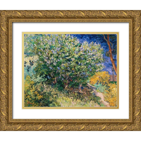 Lilac Bush Gold Ornate Wood Framed Art Print with Double Matting by Van Gogh, Vincent