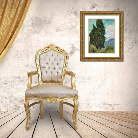 Cypresses, 1889 Gold Ornate Wood Framed Art Print with Double Matting by Van Gogh, Vincent
