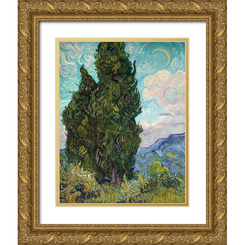 Cypresses, 1889 Gold Ornate Wood Framed Art Print with Double Matting by Van Gogh, Vincent