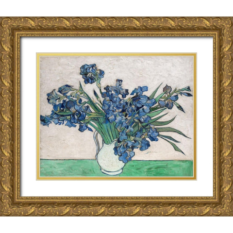 Irises, 1890 (White Vase) Gold Ornate Wood Framed Art Print with Double Matting by Van Gogh, Vincent
