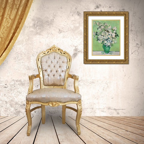Roses, 1890 (Green Vase) Gold Ornate Wood Framed Art Print with Double Matting by Van Gogh, Vincent