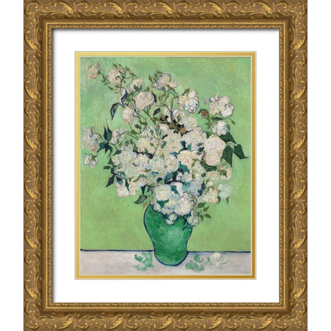 Roses, 1890 (Green Vase) Gold Ornate Wood Framed Art Print with Double Matting by Van Gogh, Vincent