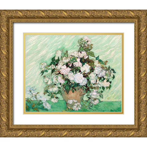Roses, 1890 Gold Ornate Wood Framed Art Print with Double Matting by Van Gogh, Vincent