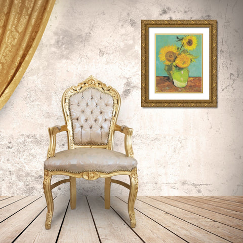 Three Sunflowers in a Vase, 1888 Gold Ornate Wood Framed Art Print with Double Matting by Van Gogh, Vincent