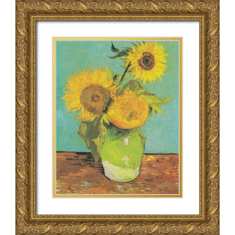Three Sunflowers in a Vase, 1888 Gold Ornate Wood Framed Art Print with Double Matting by Van Gogh, Vincent