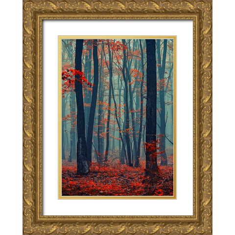 Autumn Forest In The Mist Gold Ornate Wood Framed Art Print with Double Matting by Vitomirov, Igor