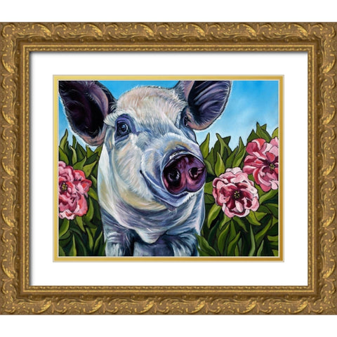 Pigs and Peonies Gold Ornate Wood Framed Art Print with Double Matting by Wronski, Kathryn