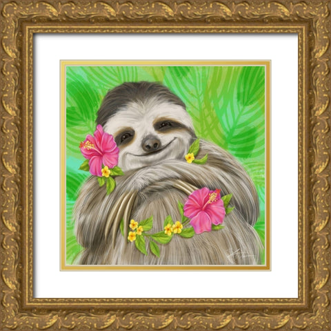 Smiling Sloth Gold Ornate Wood Framed Art Print with Double Matting by Warren, Shari