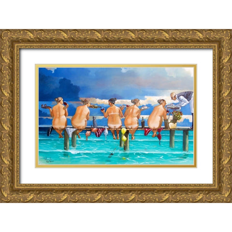 Wine On The Jetty Gold Ornate Wood Framed Art Print with Double Matting by West, Ronald