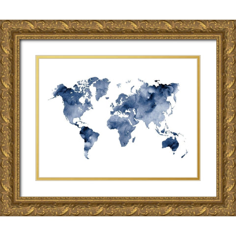 Indigo World Map Gold Ornate Wood Framed Art Print with Double Matting by Wong, Brandon
