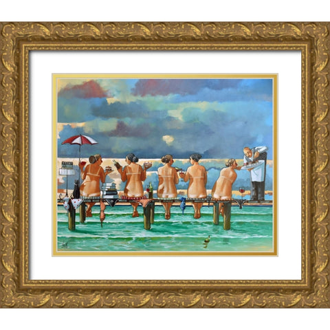 Friends On The Jetty Gold Ornate Wood Framed Art Print with Double Matting by West, Ronald