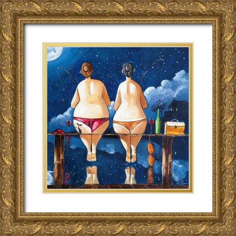 Two Sisters Fishing Gold Ornate Wood Framed Art Print with Double Matting by West, Ronald