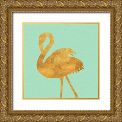 Teal Gold Flamingo Gold Ornate Wood Framed Art Print with Double Matting by Baliko, Linda