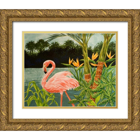 Tropical Flamingo I Gold Ornate Wood Framed Art Print with Double Matting by Baliko, Linda