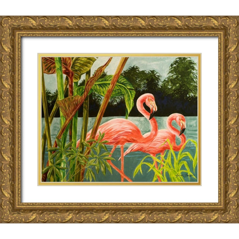 Tropical Flamingo II Gold Ornate Wood Framed Art Print with Double Matting by Baliko, Linda