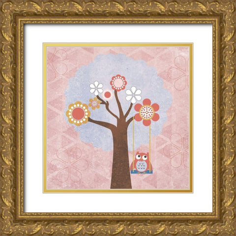 Owl Play Gold Ornate Wood Framed Art Print with Double Matting by SD Graphics Studio