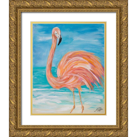 Flamingo Close up Gold Ornate Wood Framed Art Print with Double Matting by DeRice, Julie